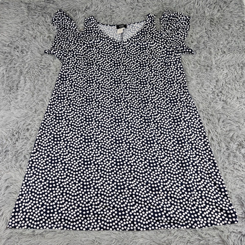 MSK 206658 Womens 2X Navy Blue Polka Dot Knee Length Cold Shoulder Stretch Dress